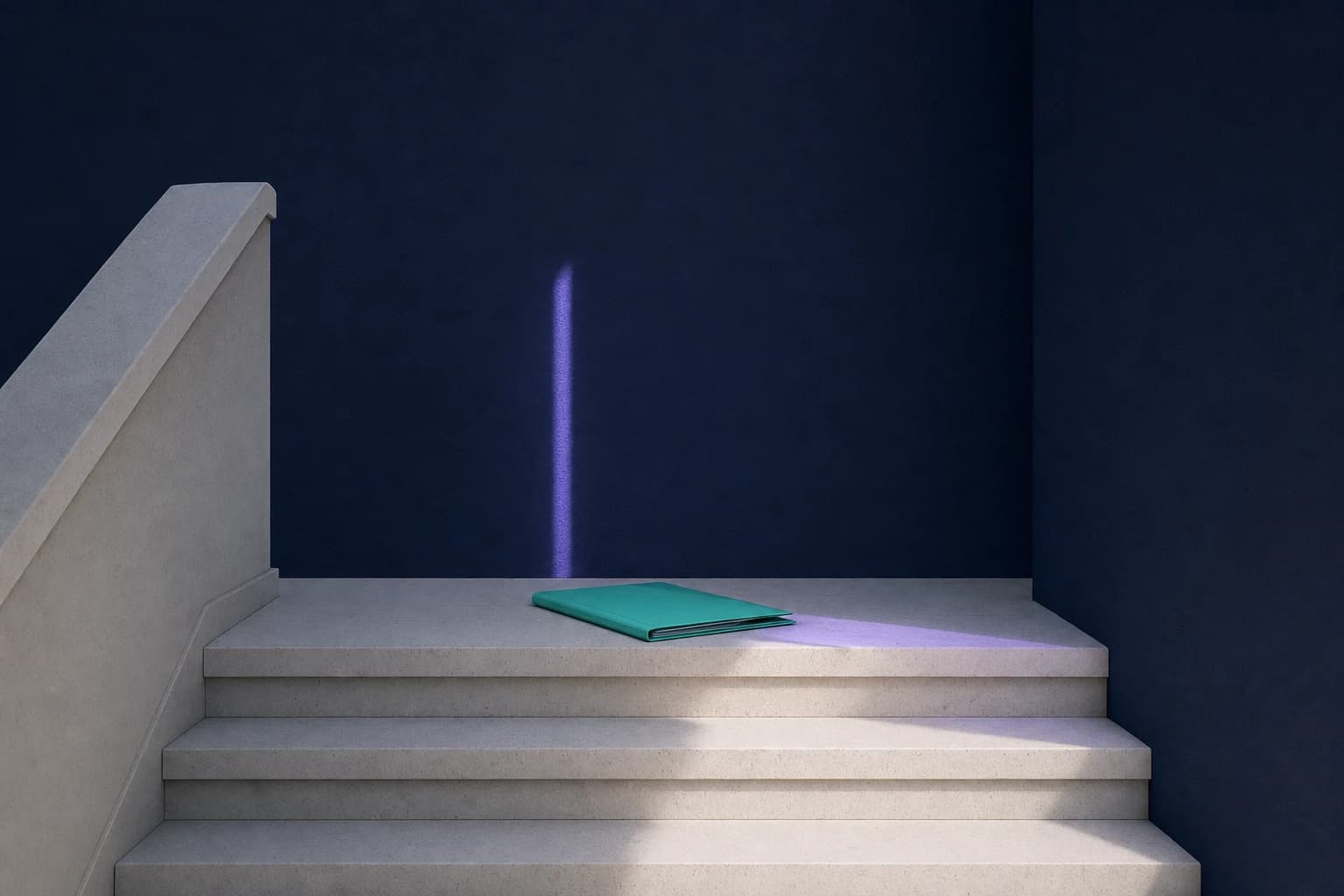 A mint notebook resting on a pale stone stair in a navy architectural space